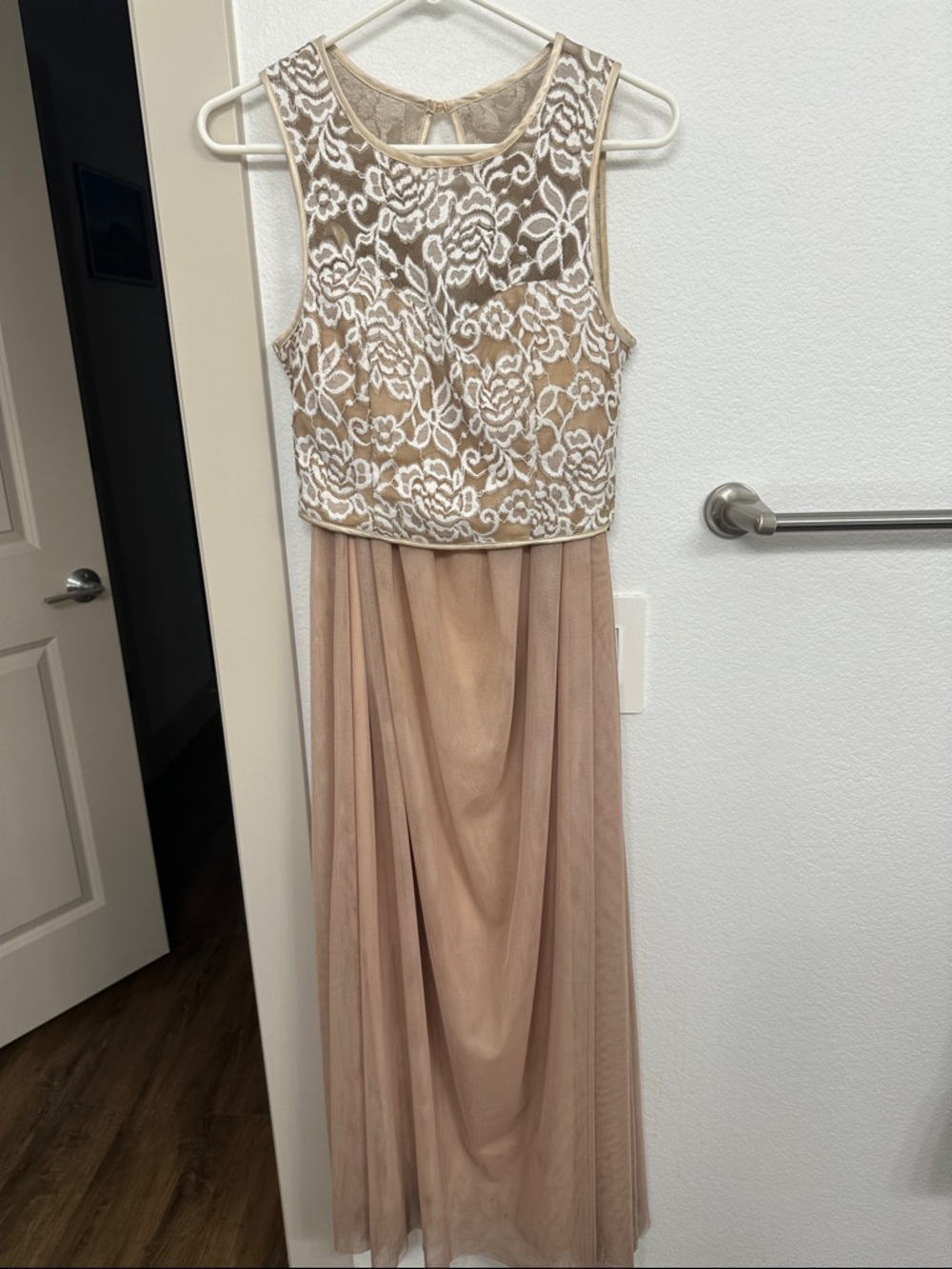 Windsor Beige Lace Overlay Maxi Dress with White Floral Embroidery